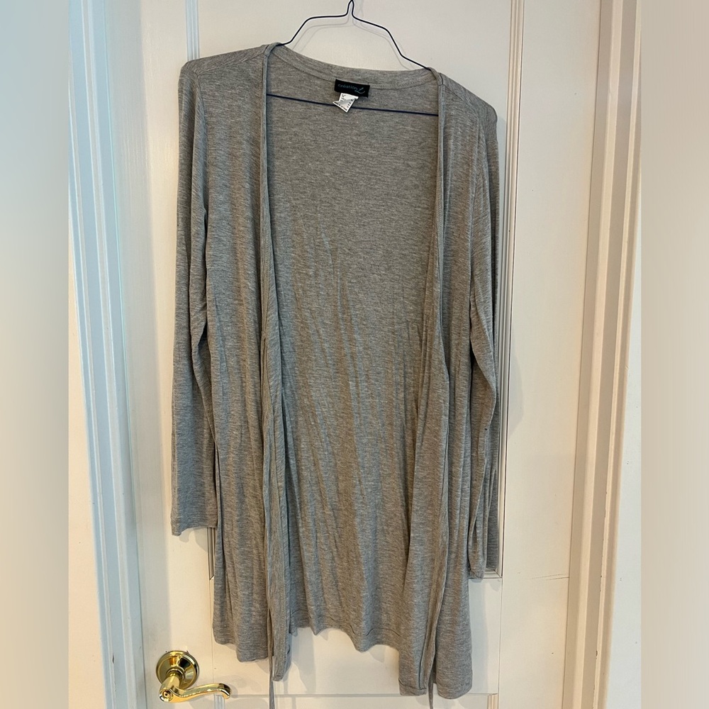 Grey Jersey knit sweater with ties. Soft, stretchy and stylish.